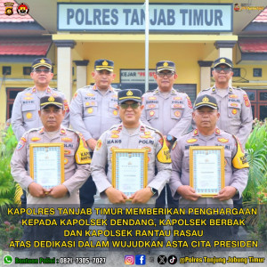 Dukung Swasembada Pangan Nasional, Tiga Kapolsek di Tanjab Timur Terima Penghargaan